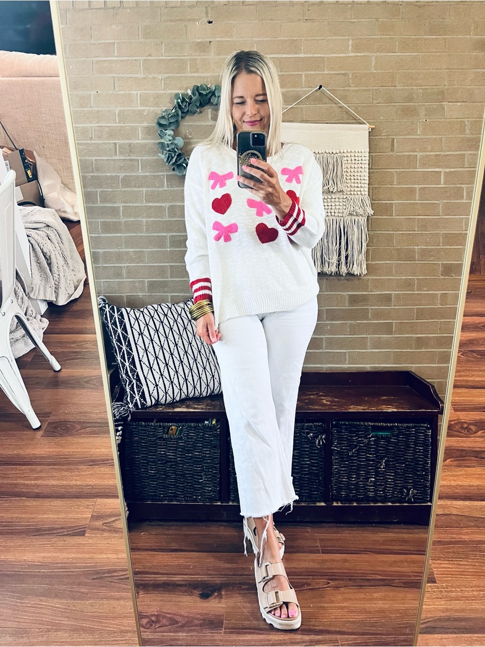 Simply Southern Cream Sweater with Pink Bows & Red Hearts